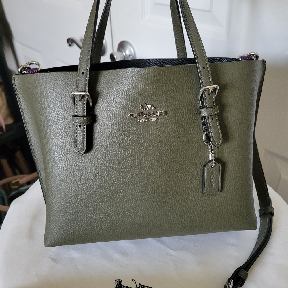 Coach Mollie 25 Silver Surplus Army Green Small Double Face Leather Tote